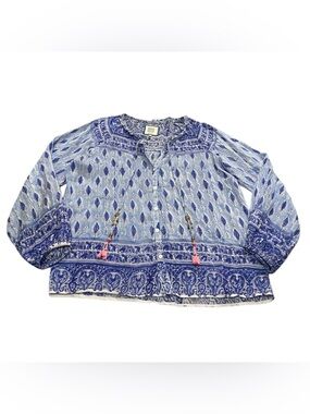 Bell by Alicia Bell Blue Floral Block Print Boho Silk Blend Blouse Size L